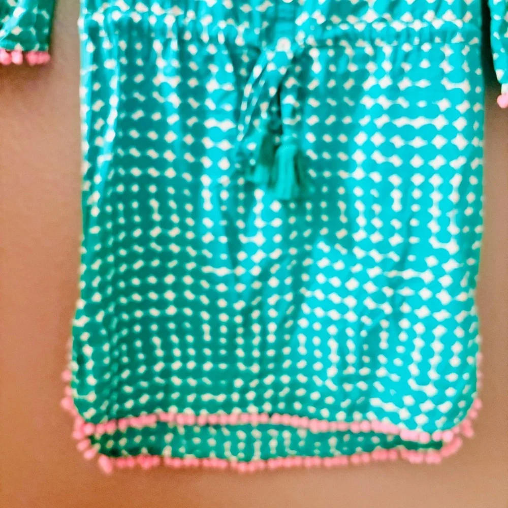 Boden Kelly Green & White Printed Tie-Waist 3/4 Sleeve Dress with Pink Pom Trim - Picture 4 of 13